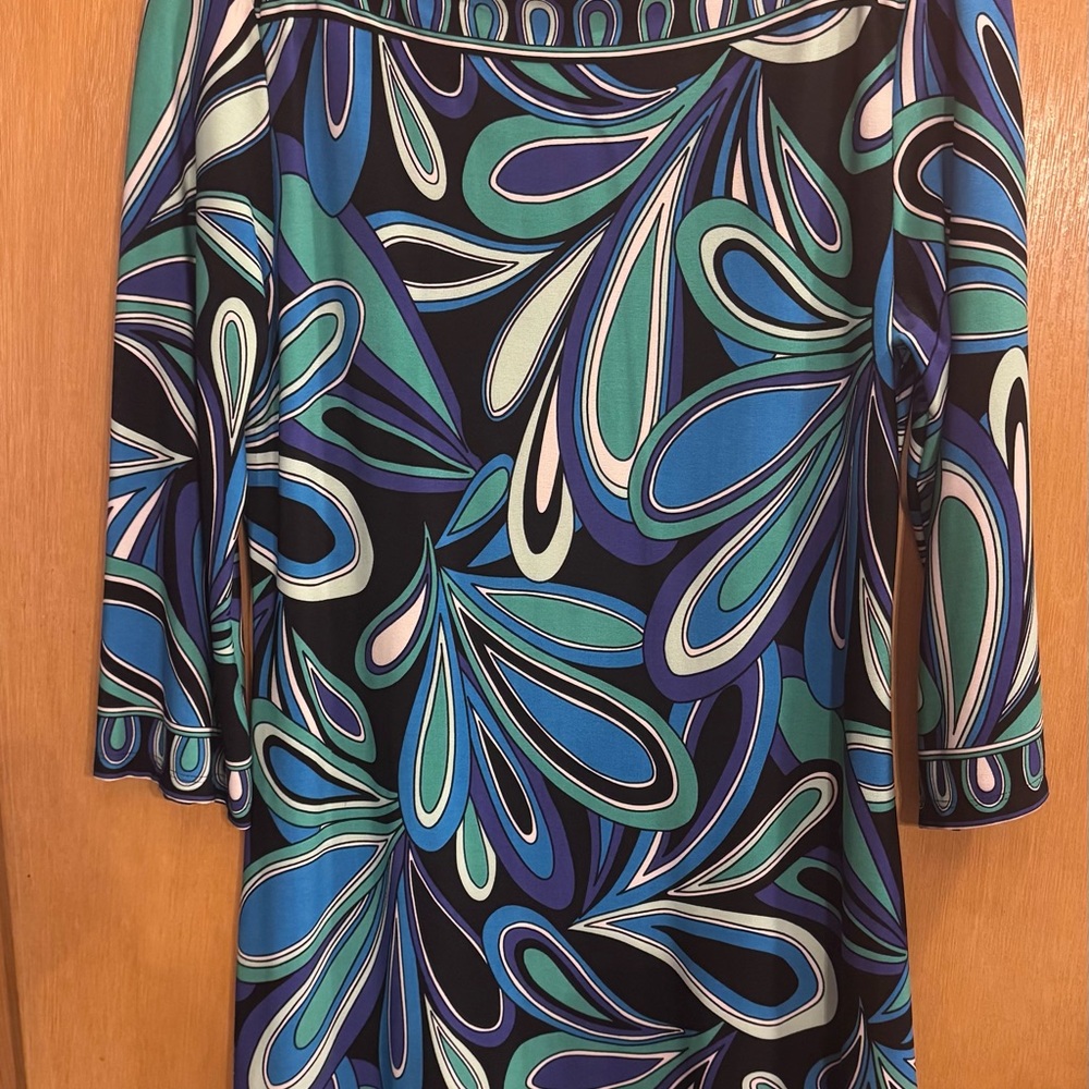 Sandra Darren Black and Teal Abstract Dress